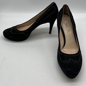 Prada Navy Suede Exposed Stitching Closed Toe Platform Pump sz 38.5